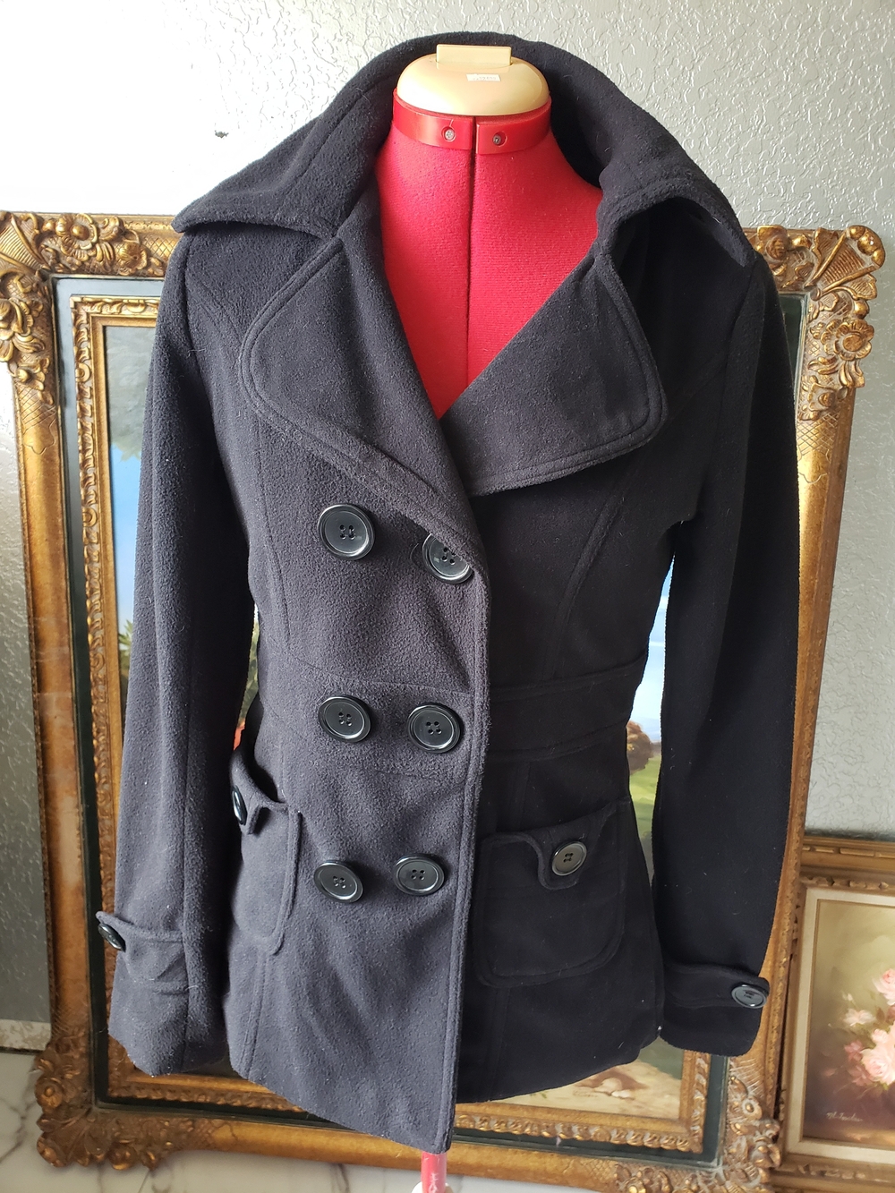 Zenana Outfitters Black Double-Breasted Pea Coat with Wide Collar